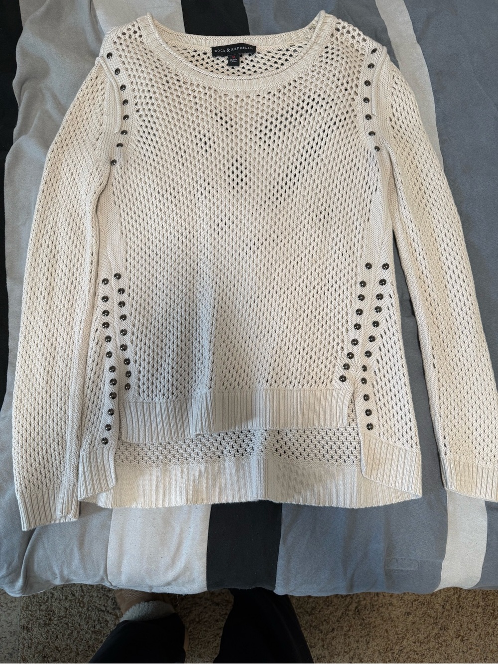 Rock & Republic Cream Open-Weave Crewneck Sweater with Stud Trim